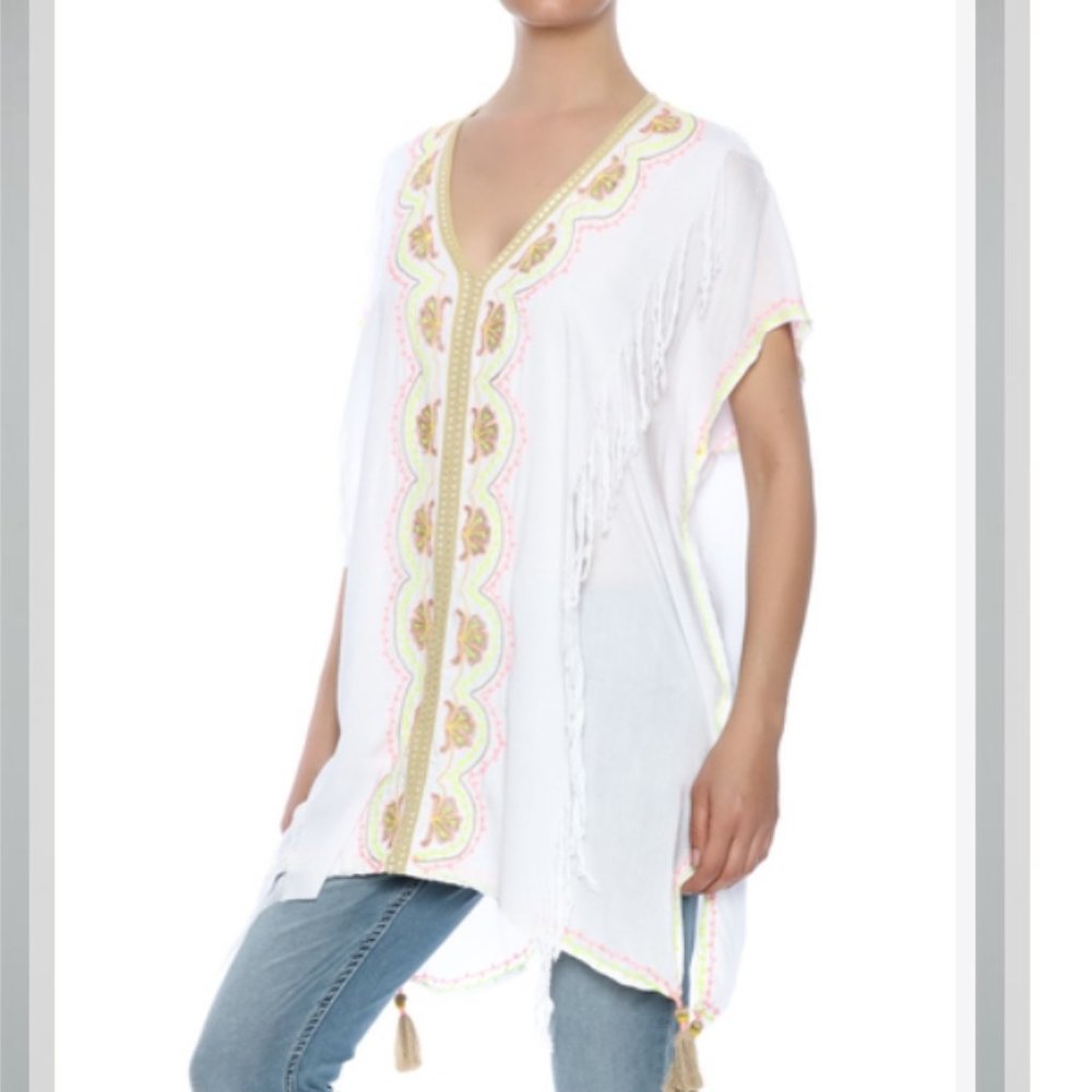 Skemo Embroidered‎ Fringe Tunic Beach Swim Cover Up S